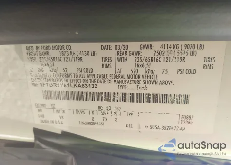 2020 Ford Transit-250 z USA, uszkodzony, nr VIN 1FTBR1Y81LKA63132